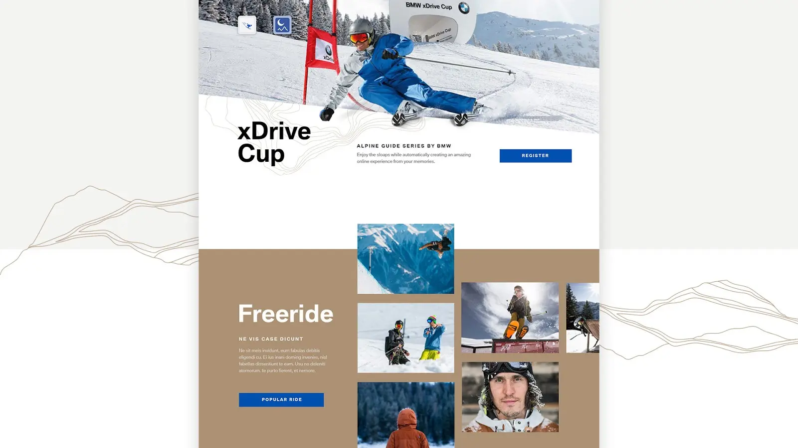 Website section: xDrive Cup and Freeride, with photography cards.