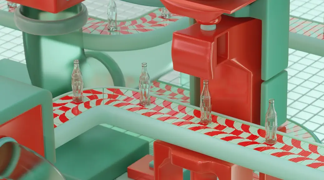 Empty clear glass bottles travelling along a patterned conveyor.