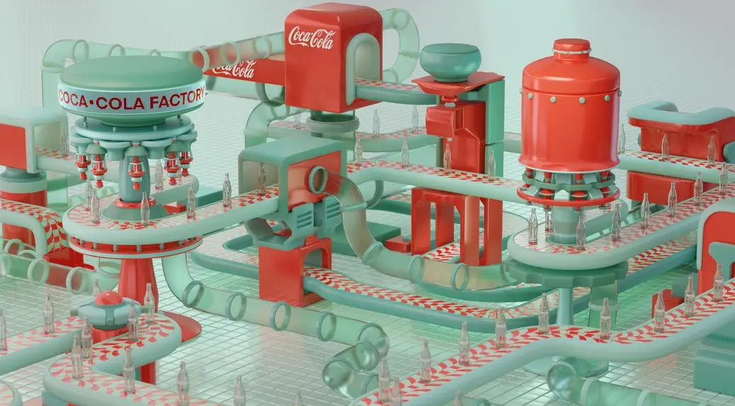 Wide view of the rendered Coca-Cola factory with multiple conveyor levels and machinery.