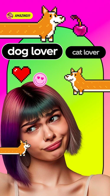 AR filter: a binary choice between dog lover and cat lover, with pixel-art corgis.