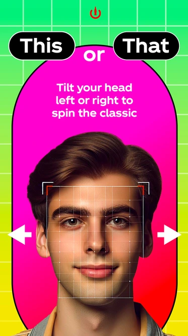 AR filter screen showing face tracking with the instruction: tilt your head left or right to spin the classic.